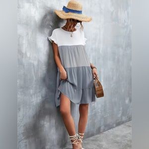 Keslie White and Grey Block w/ Keyhole Back Dress